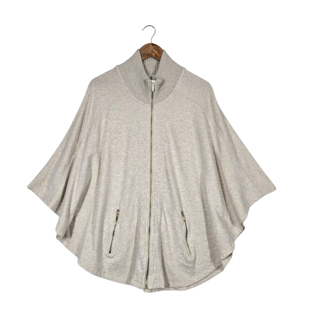 Zenergy by Chico's Cape Poncho sz 1 (M) Beige Oatmeal Zip Front Ribbed Neck